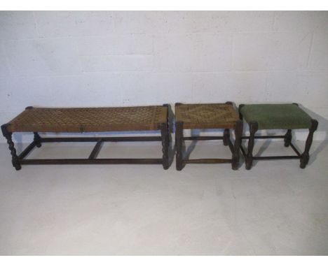 Two vintage oak foot stools, plus one other. 