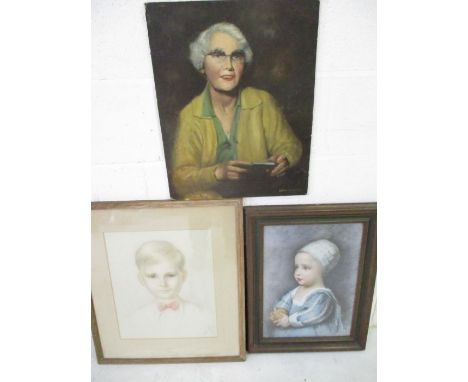 An oil on board portrait of a lady, pastel portrait of a young boy and a print of a baby