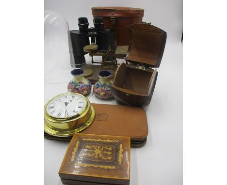 An assorted vintage lot including; Vesper non reflective optic binoculars, two small Old Tupton Ware vases, a Quartz clock, S