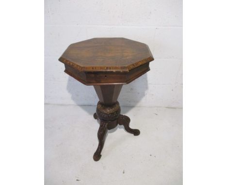 A Victorian sewing table on tripod base with carved decoration  