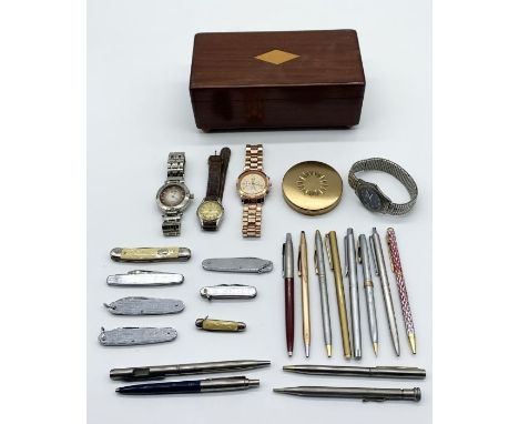 A collection of watches, penknives and vintage pens including Sheaffer and Cross along with an inlaid wooden box.