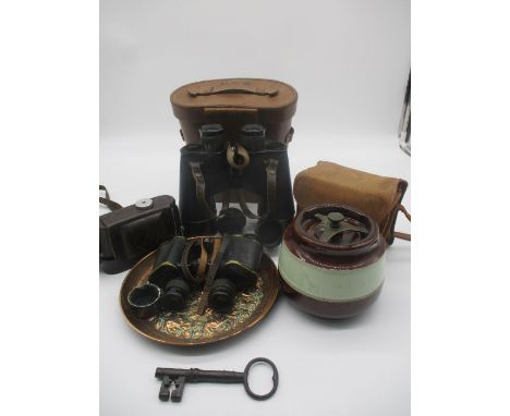 A set of military binoculars marked with arrows, R.E.L/Canada, 1944, H. B. Barnes - with original case, also marked H.B.B.  A