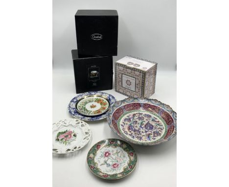  A small collection of china including three boxed cups and saucers and an Oriental enamel dish