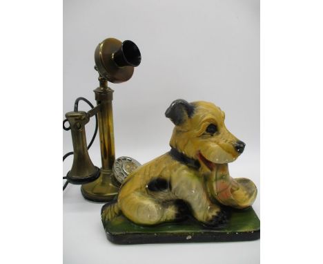 A centenary edition brass stick telephone along with a plaster dog "This your slipper"