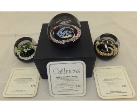 A collection of three Caithness glass millefiore paperweights - "Jubilee Millefiore Crown", No'd. 488/500, "Christmas Paperwe
