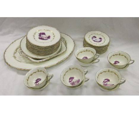 A Royal Worcester "The Chamberlain" part tea set with puce printed decoration and scrolling  foliate borders, to include oval