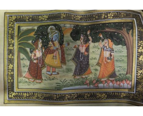 INDIAN SCHOOL "Deity scene", painting on fabric, together with various other INDIAN SCHOOL pictures, two Victorian umbrellas 