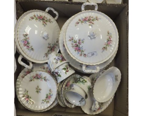 A collection of Royal Albert "Moss Rose" pattern table wares to include two lidded tureens, gravy boat and stand, dinner plat