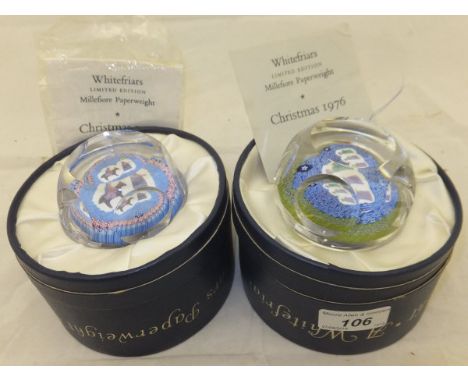 A Whitefriars Limited Edition millefiore paperweight "Christmas 1976", depicting the three kings, No'd. 355, bears signature 