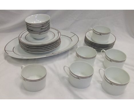 A collection of Hermes "Rythme" pattern porcelain dinner wares to include oval platter, six plates, six large cups and saucer