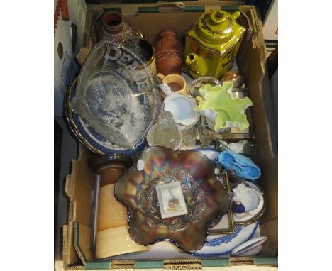 A box of assorted chinawares to include a Ringtons Tea teapot, pressed glass dish inscribed "Peace and Plenty" with fruiting 