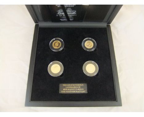 A boxed set of four gold sovereigns - "The Gold Sovereign Landmarks of Her Majesty's Reign, The Four Portrait Set", 1957, 198