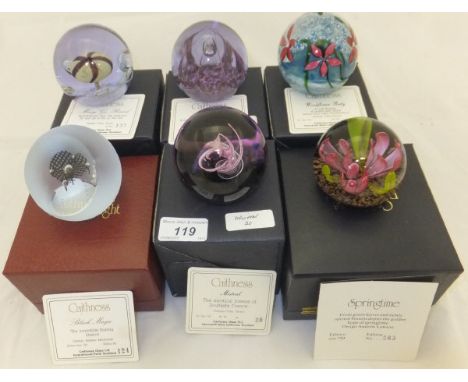 A collection of six Caithness glass paperweights - "Mistral", No'd. 20/750, "Springtime", No'd. 565/750, "Solace", No'd. 306/