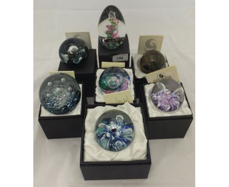 A collection of seven Selkirk Glass paperweights - "Emerald Dancer" 1995, "Summer Magic" 1979, "Electra" 1980, "Mardi-Gras" 1