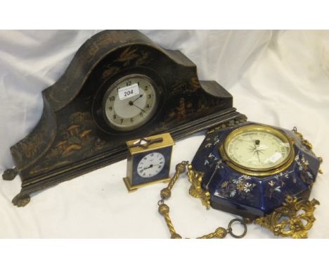 A chinoiserie cased mantel clock with Smith's 30 hour mechanism, a French aneroid barometer in a blue ground floral frame wit
