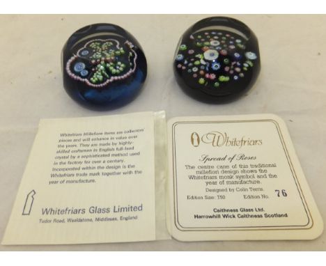 Two Caithness glass Whitefriars paperweights - "Spread of Roses", No'd. 76/750, bears signature / date cane for 1982, with ce