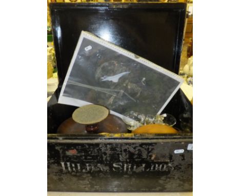A tin trunk containing a selection of various items to include stoneware vases, small Lazy Susan, a small quantity of glasswa