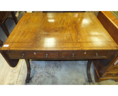 A 19th Century mahogany sofa table, the drop leaf top with rosewood banded decoration, over two drawers opposite two dummy dr