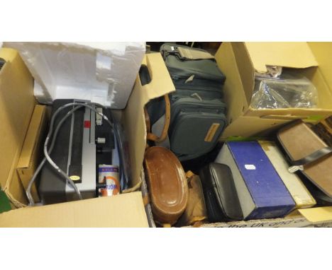 A box and contents of various camera equipment and binoculars, and a Sankyo cine projector