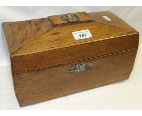 A Regency rosewood and boxwood strung sarcophagus shaped tea caddy