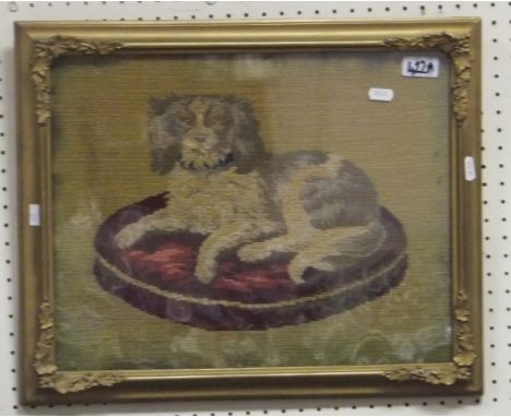 A 19th century needlework study of a spaniel upon cushion CONDITION REPORTS Quite a lot of fading and discolouration, and may