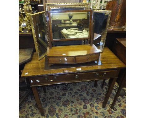 A 19th Century mahogany rectangular side table with single drawer on square legs, a 19th Century toilet mirror, and a three f