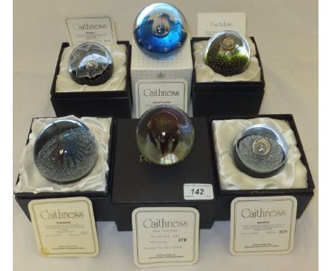 A collection of six Caithness glass paperweights - "Space Rose (Ruby)", No'd. 474/1000, "Satellite", No'd. 829/1000, "Firewor