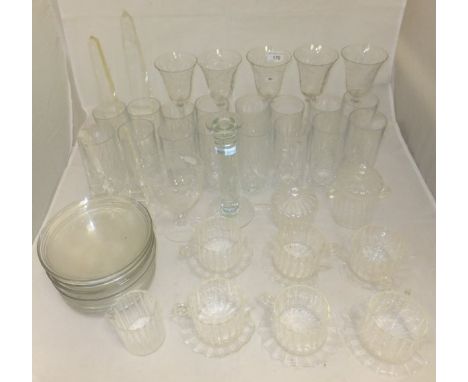 A large collection of various glass to include two sets of plain glass Baccarat side plates, various cut glass hi-ball glasse