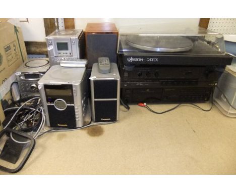 A collection of stereo equipment to include an Ariston Q-Deck, Technics stereo integrated amplifier SU-800, Panasonic, Goodma