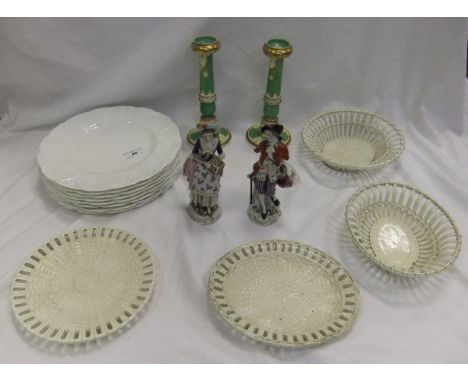 A collection of 19 Coalport "Country Ware" dinner plates with leaf moulded rims, a pair of green and gilt painted candlestick