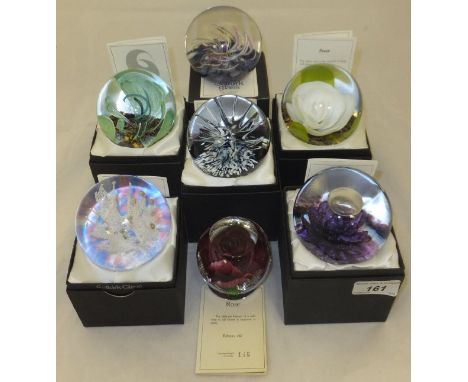 A collection of seven Selkirk Glass paperweights - "Rose", No'd. 146/450, "Sangrila", No'd. 73/450, "Blossom", No'd. 124/450,