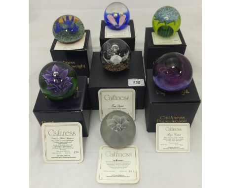 A collection of seven Caithness glass paperweights - "Ice Blossom", No'd. 495/1000, "Free Spirit", No'd. 117/750, "Magic Carp