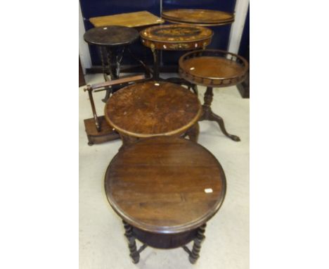 An inlaid oval topped two tier side table, a mahogany tripod table with galleried top, inlaid tray, three various side tables