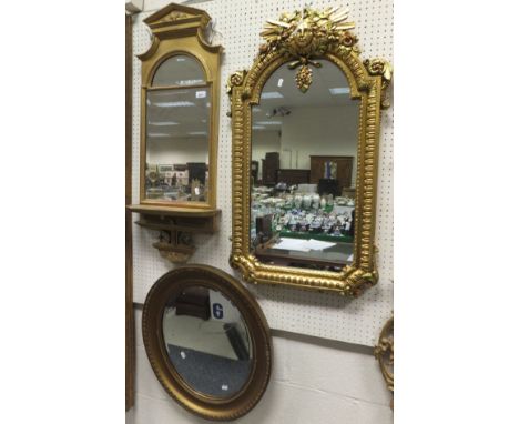 Three various gilt framed wall mirrors CONDITION REPORTS Mirror with shelf, is approx 100 x 36cm, some chips and cracks to fr