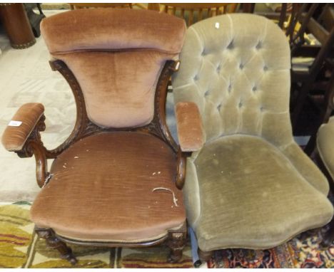 A mahogany framed salon chair in dark peach ground upholstery with turned and carved legs to brown castor, together with a Vi
