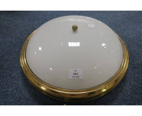AN ITALIAN 20th CENTURY BRASS FRAMED AND WHITE GLAZED CLOSE COUPLED CIRCULAR CEILING LIGHT, c.1970,40cms diameter.