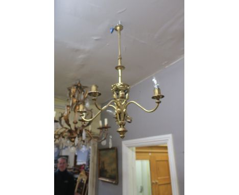 A PAIR OF GILT BRASS FRAMED EMPIRE STYLE FIVE LIGHT CHANDELIERS (2), 