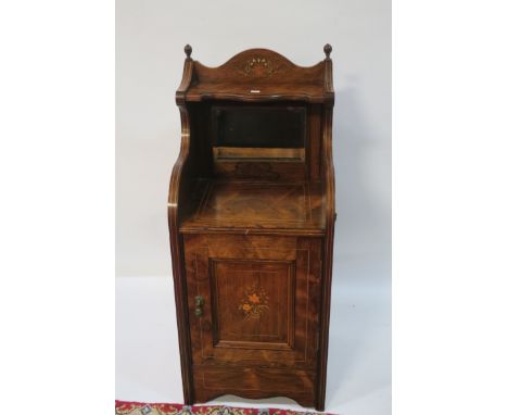 A ROSEWOOD AND MARQUETRY INLAID SIDECABINET,  the raised superstructure with an open shelf and rectangular bevelled plate hea