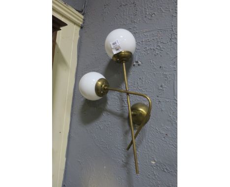 A VINTAGE PAIR OF ITALIAN BRASS AND MURANO GLASS WALL MOUNTED TWO LIGHT  SCONCES, in the style of Stilnovo, the brass tubular
