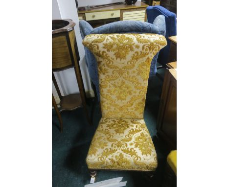 * BUY IN* A VICTORIAN MAHOGANY UPHOLSTERED PRIE DIEU CHAIR, finished in gold foliate fabric on ring turned supports with cast