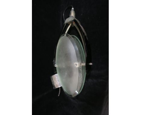 A CHROME FRAMED CEILING  LIGHT, IN THE STYLE OF FONTANA ARTE, the outset glass sides centred by twin oval clear and frosted g