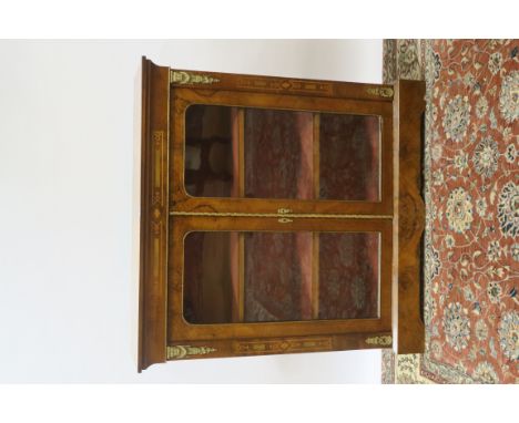 A VICTORIAN WALNUT AND MARQUETRY INLAID DISPLAY CABINET the rectangular top above a marquetry inlaid frieze with gilt brass t