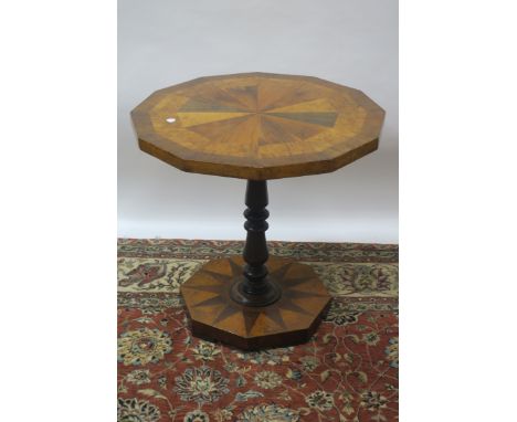 A 19TH CENTURY MAHOGANY AND MARQUETRY IN LAID OCCASSIONAL TABLE the radiating circular top raised on ring turned supports wit