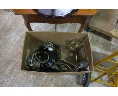 A MISCELLEANOUS COLLECTION, a brass lantern, wine table, corner table and hanging light, together with a gilt framed mirror