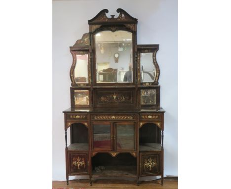 A LATE 19TH CENTURY ROSEWOOD AND MARQUETRY INLAID DISPLAY CABINET the rectangular raised back headed by a broken scrolled ped