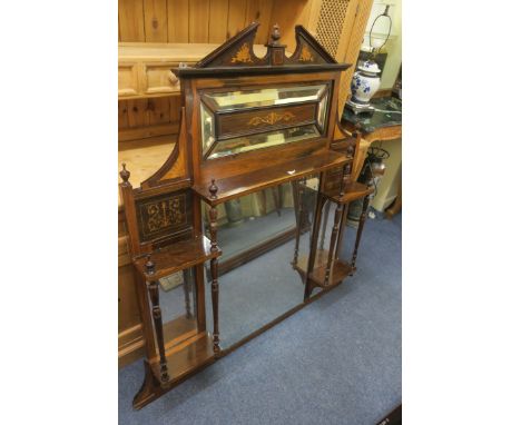 AN EDWARDIAN ROSEWOOD AND MARQUETRY INLAID OVERMANTLE MIRROR, the broken arched pediment centred by an urn shaped finial abov