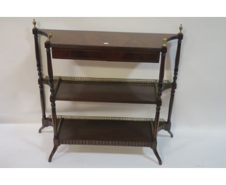 AN EARLY 20TH CENTURY MAHOGANY AND MARQUETRY INLAID ETAGERE,  the rectagular shaped top of reeded rim above two freize drawer