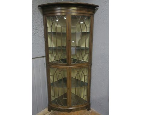 A 19TH CENTURY MAHOGANY CORNER CABINET the moulded corns above a dental frieze with a pair of astrical glazed doors revealing