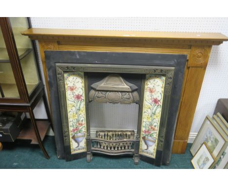 A CONTEMPORARY PINE FRAMED MANTELPIECE IN GEORGIAN STYLE, together with a cast-iron and gilt brass fire insert early 20th Cen