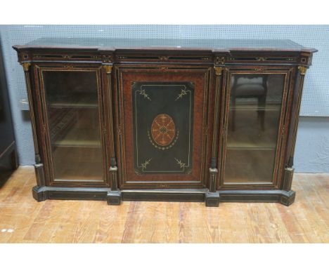 A 19TH CENTURY BURR WALNUT EBONISED AND MARQUETRY INLAID SIDE CABINET the rectangular breakfront top decorated with ivory str